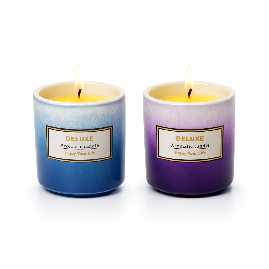 Givana DELUXE Aromatic Candle in two shades, featuring a sleek glass holder, perfect for relaxing ambiance and home decor.