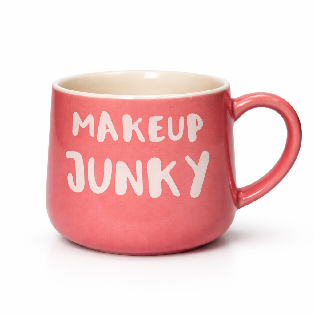 Givana Makeup Junky mug with bold statement design and pink lipstick graphic, perfect for makeup lovers and beauty enthusiasts.