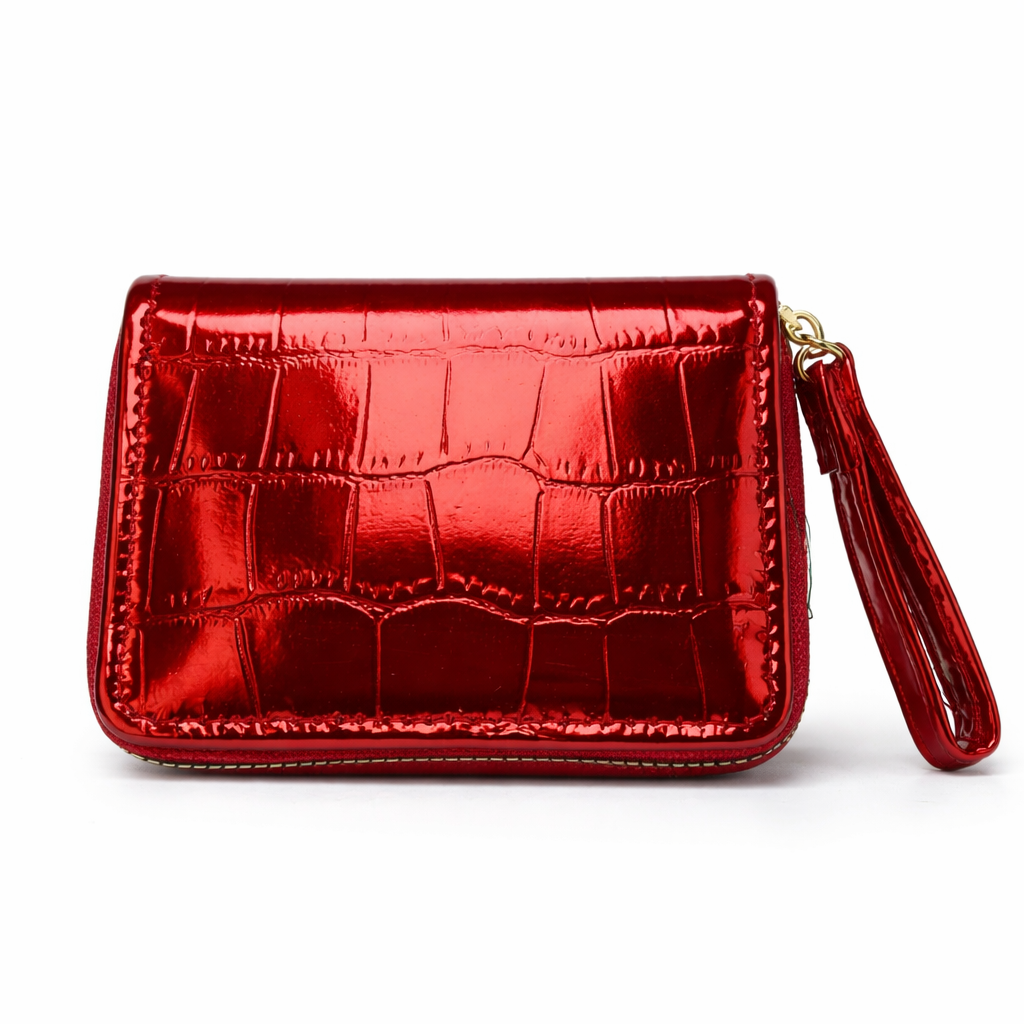 Givana metallic croc zipper wallet with textured leather surface and silver zipper closure, compact and stylish accessory.