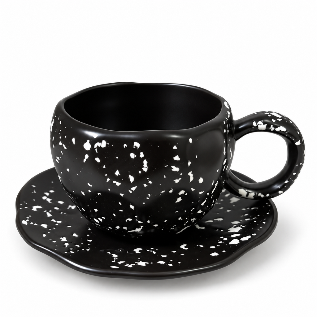 Black Speckled Coffee Mug with Saucer 🖤