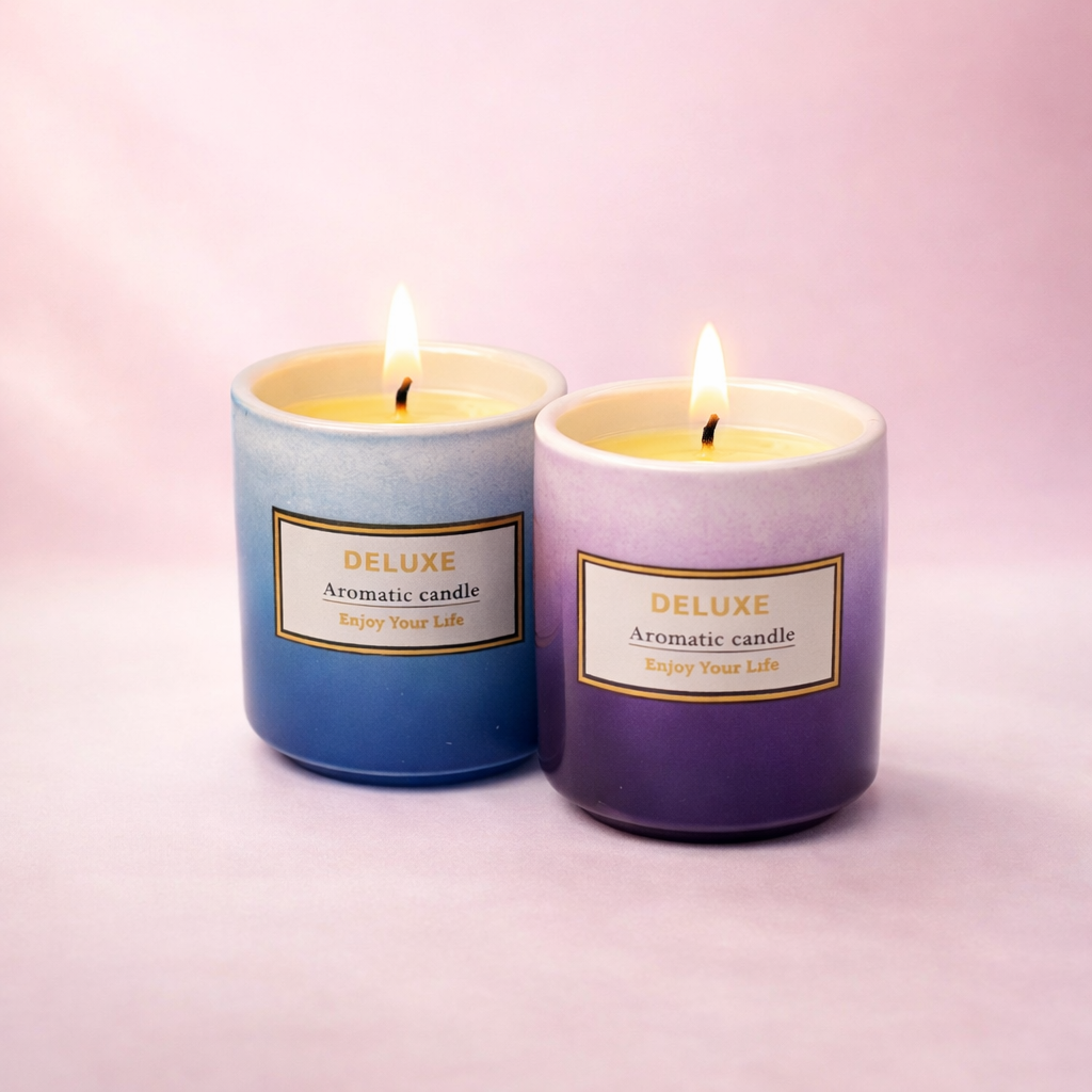 Givana Deluxe Aromatic Candle in two shades, featuring a stylish glass holder and softly glowing flame for a cozy ambiance.