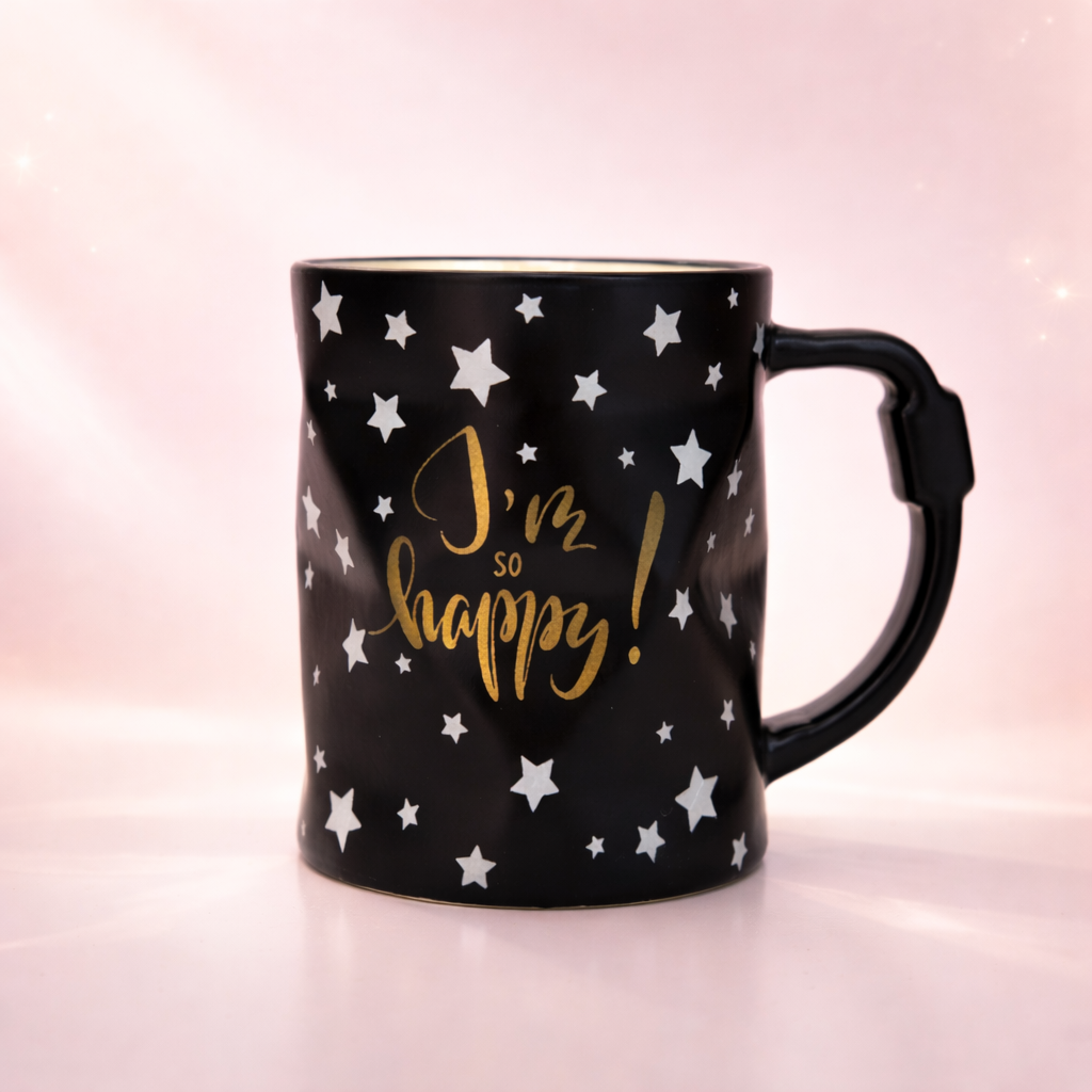 Givana Starlight Happiness Cup with black design, featuring a joyful, uplifting pattern perfect for cheerful sipping.