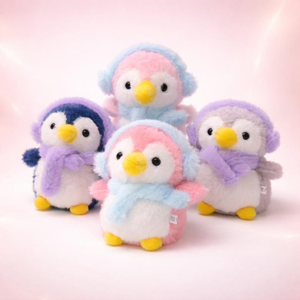 Givana fluffy penguin keychain in four colors, featuring soft plush material and cute penguin design for keys or bags.