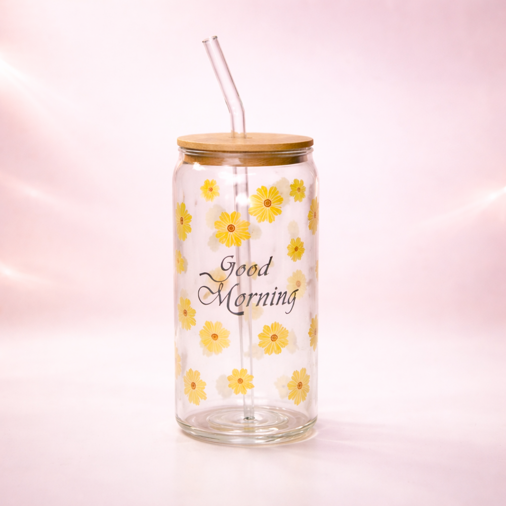 Givana Good Morning Glow Cup with floral design and cheerful sun illustration, perfect for morning coffee or tea.