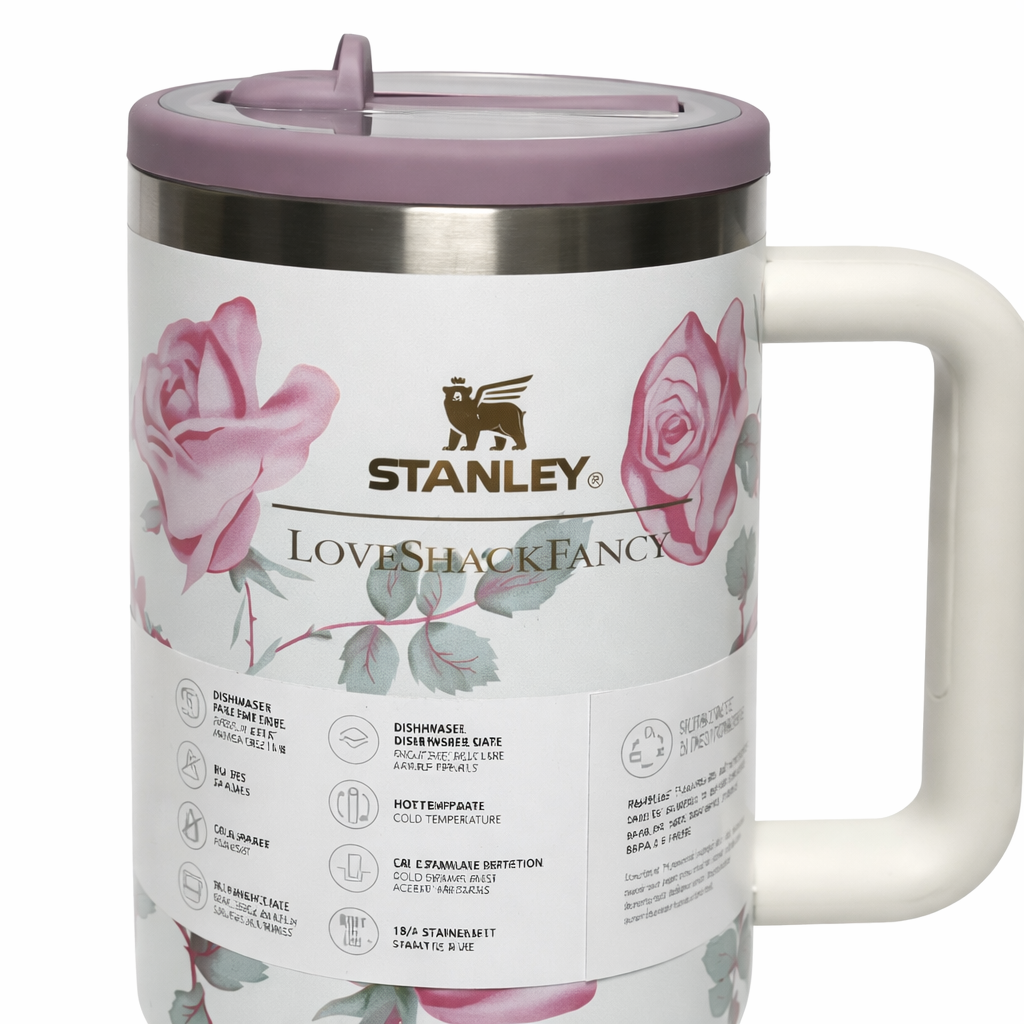 Givana Stanley Rose Luxe no-spill tumbler with leakproof lid and pink rose design, made of durable premium material.