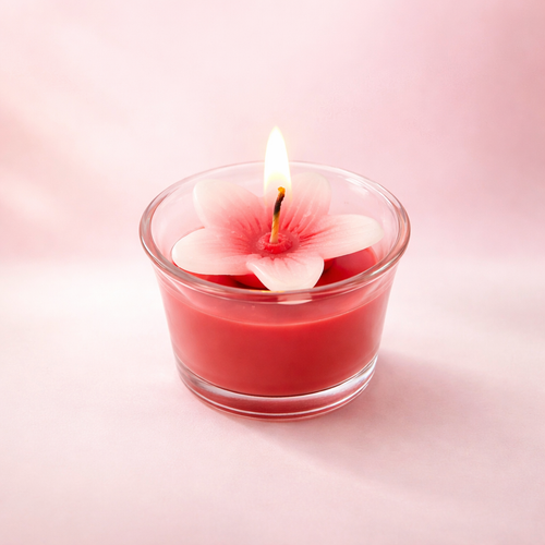 Colorful Bloom Glow Mini Candle by Givana in six vibrant shades, showing a small decorative candle with floral design.