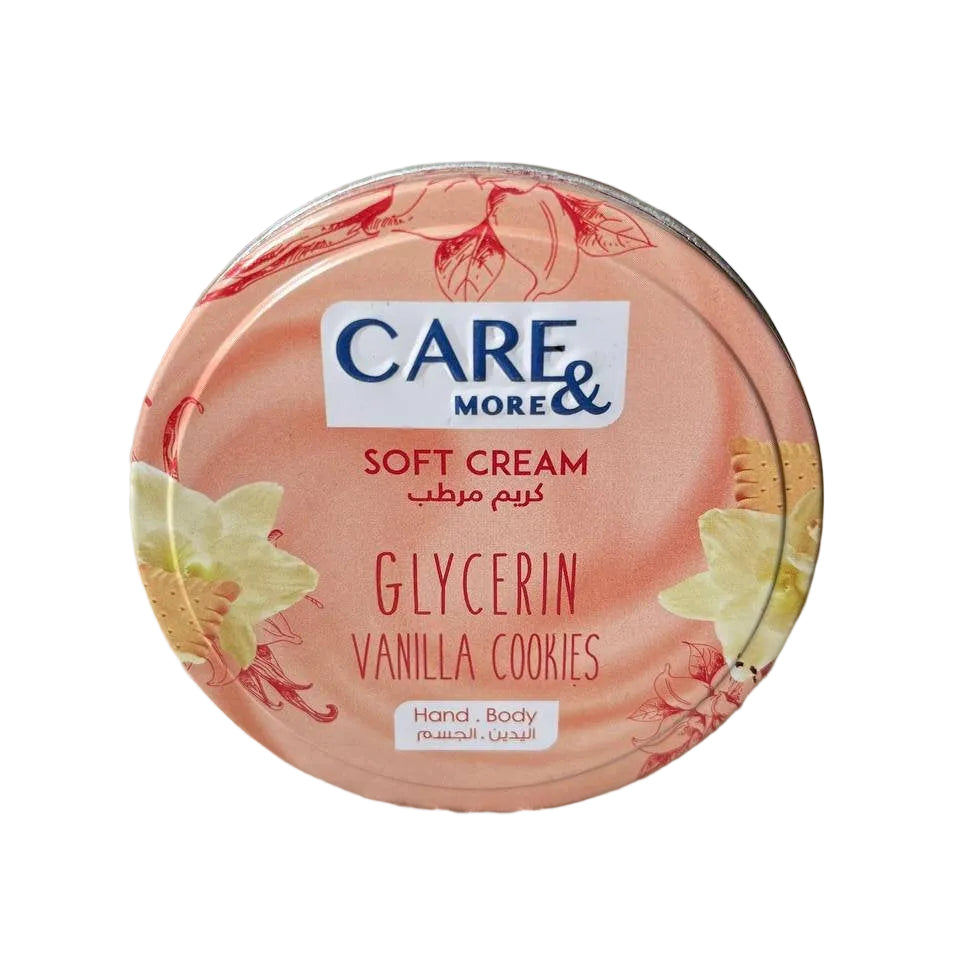 Givana Care & More Soft Cream with vanilla and cookies scent, 75ml jar showing creamy texture and product label.