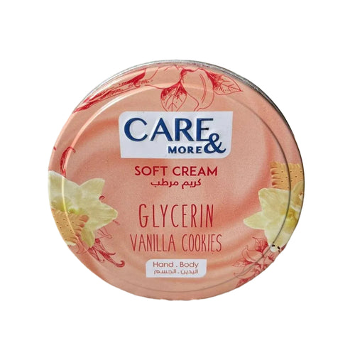 Givana Care & More Soft Cream with vanilla and cookies scent, 75ml jar showing creamy texture and product label.