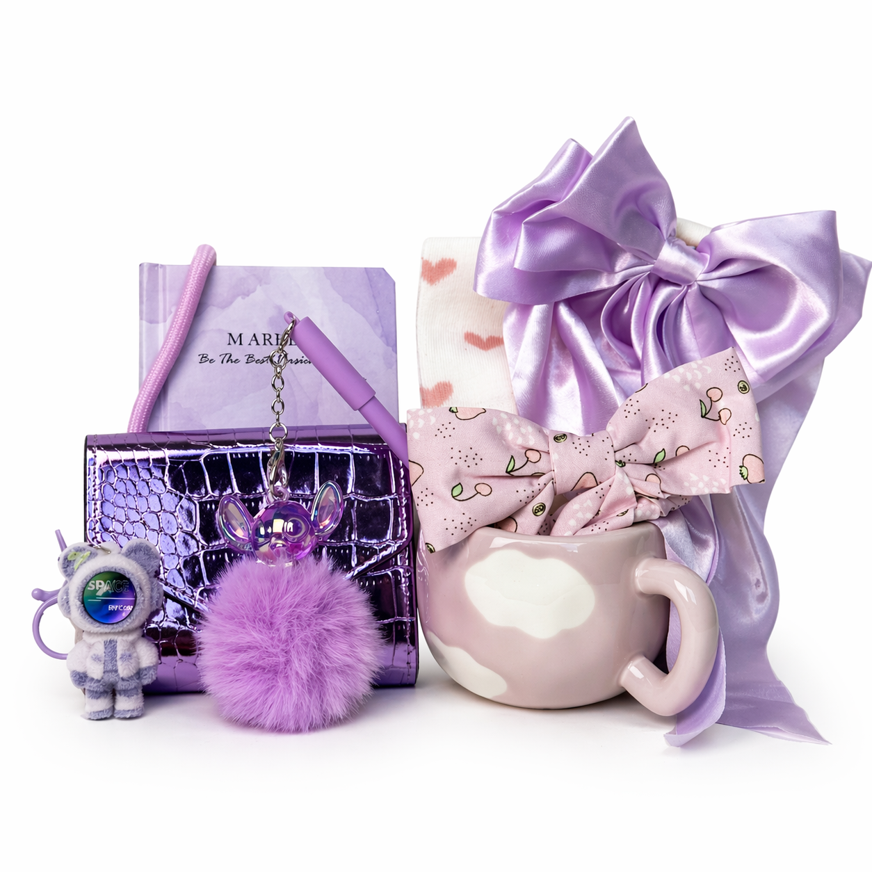 Purple Lovers gift box by Givana featuring eight surprises, including small gifts and treats in a colorful, festive packaging.