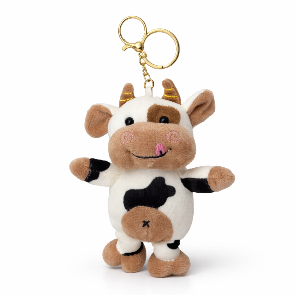 Cute plush cow keychain with golden clasp from Givana, featuring soft fabric and detailed cow face design.