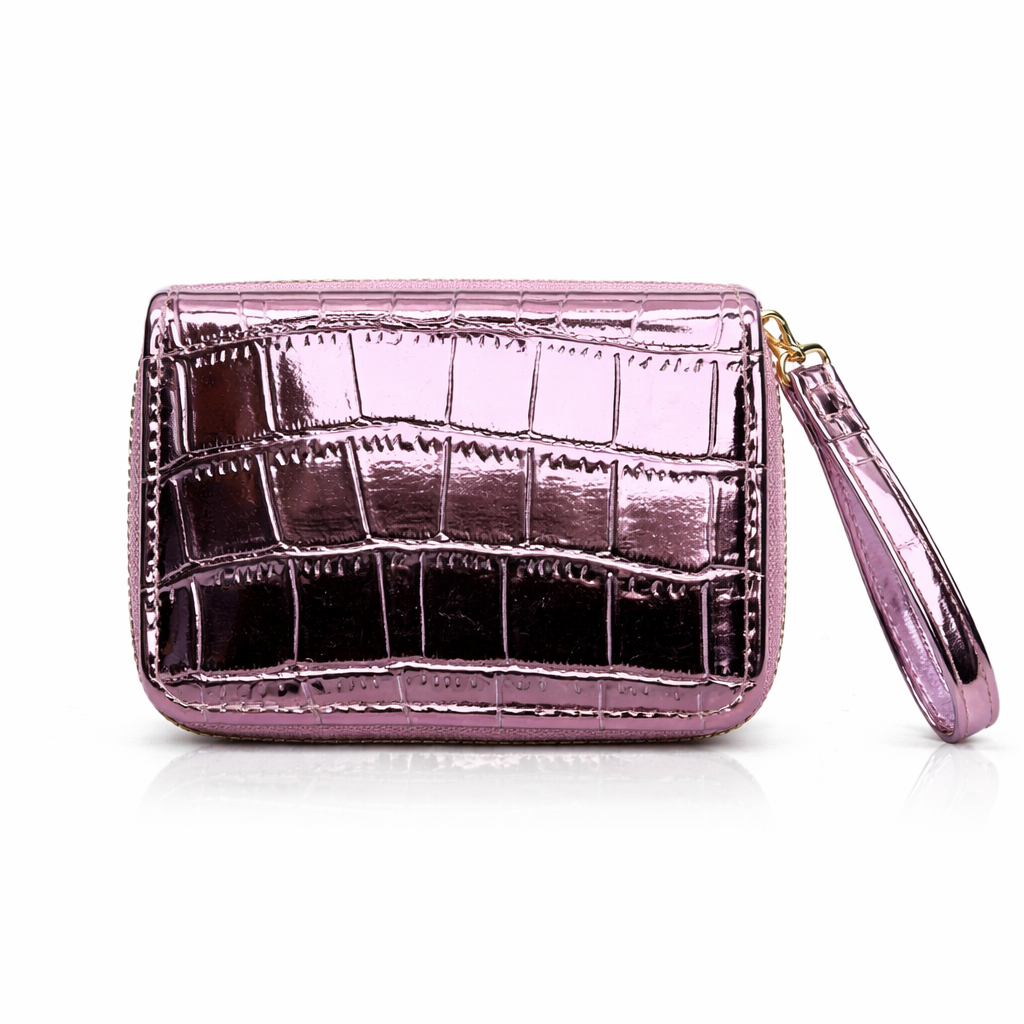 Givana Metallic Croc Zipper Wallet with textured metallic finish and zipper closure, showcasing a stylish compact wallet design.