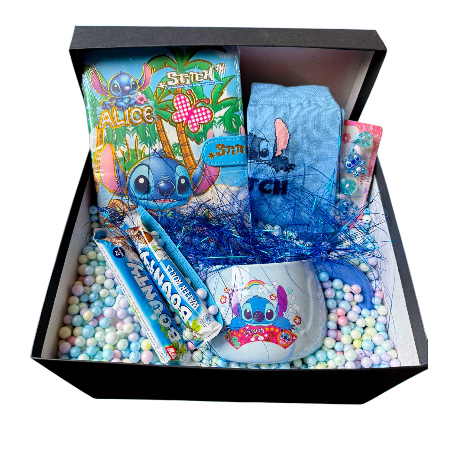 Givana Stitch’s Blue Vibes gift box featuring themed packaging with plush toys, accessories, and colorful items for fans.