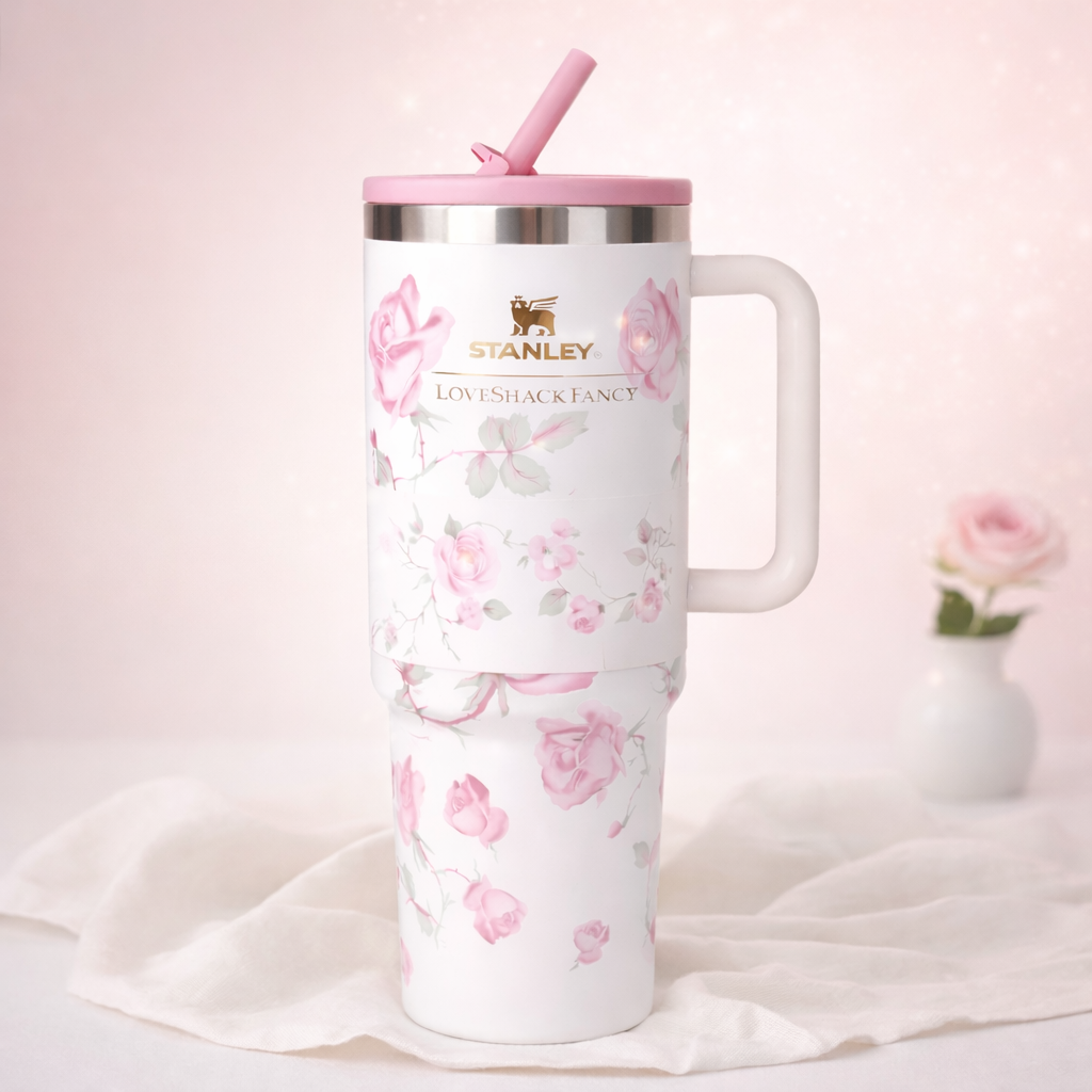 Givana Stanley Rose Luxe No-Spill Tumbler with lid, pink floral design, leakproof, premium quality stainless steel, 16 oz capacity