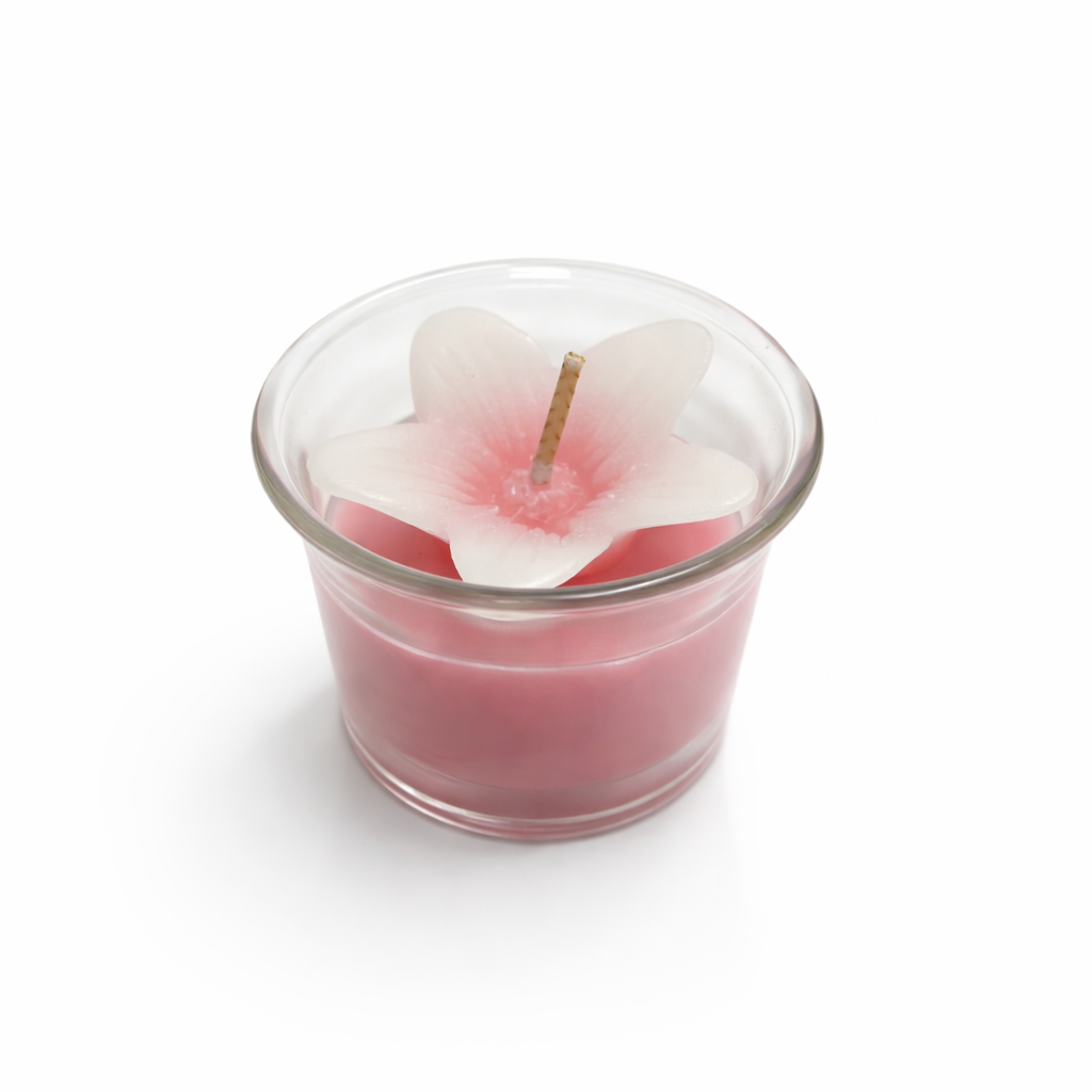 Givana Bloom Glow Mini Candle in vibrant colors, small floral-themed candle with soft glow and colorful wax in six shades.