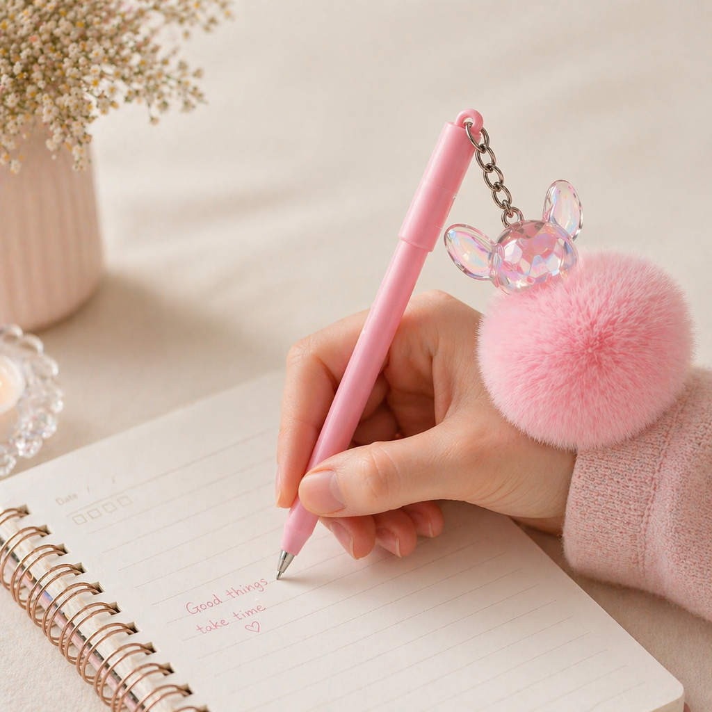 Givana Fluffy Charm Pen in pink with a fluffy charm and colorful accents, available in five vibrant colors.