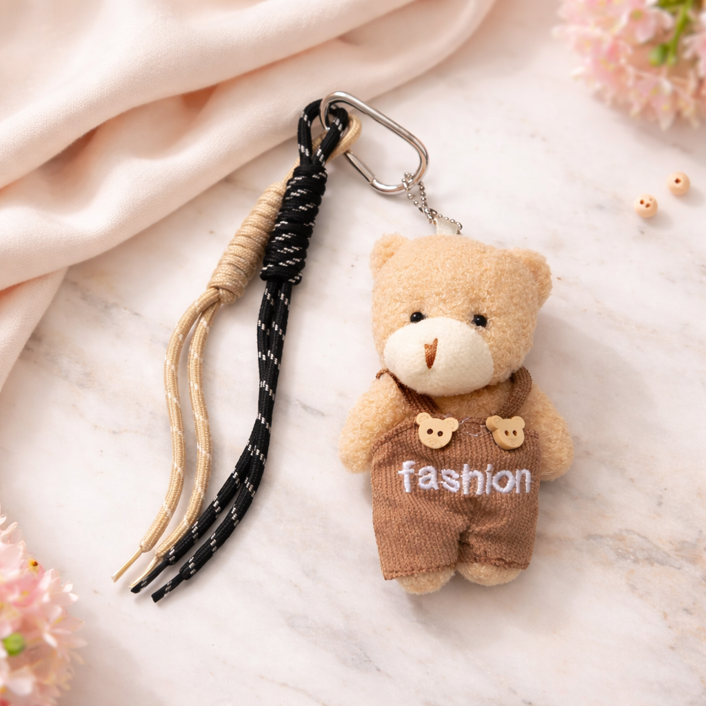 Givana teddy style keychain with cozy plush design and brown color, perfect for adding a cute touch to bags or keys.