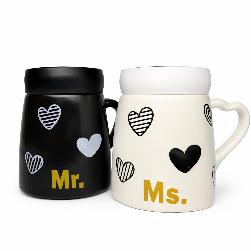 Mr & Mrs couple mugs set by Givana featuring elegant design with matching white and black color scheme.