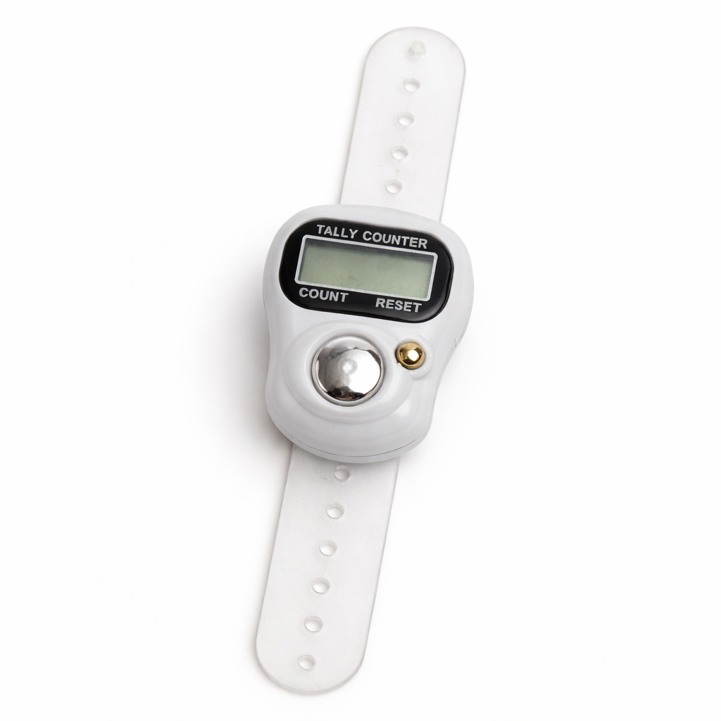 Givana Digital Tasbih Finger Counter showing a sleek black device with a digital display for counting prayers.