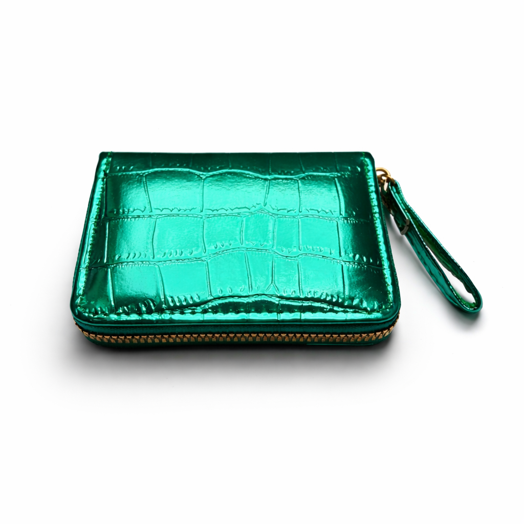 Givana metallic crocodile-text zipper wallet with compact design and silver finish, featuring a zip closure and textured surface.