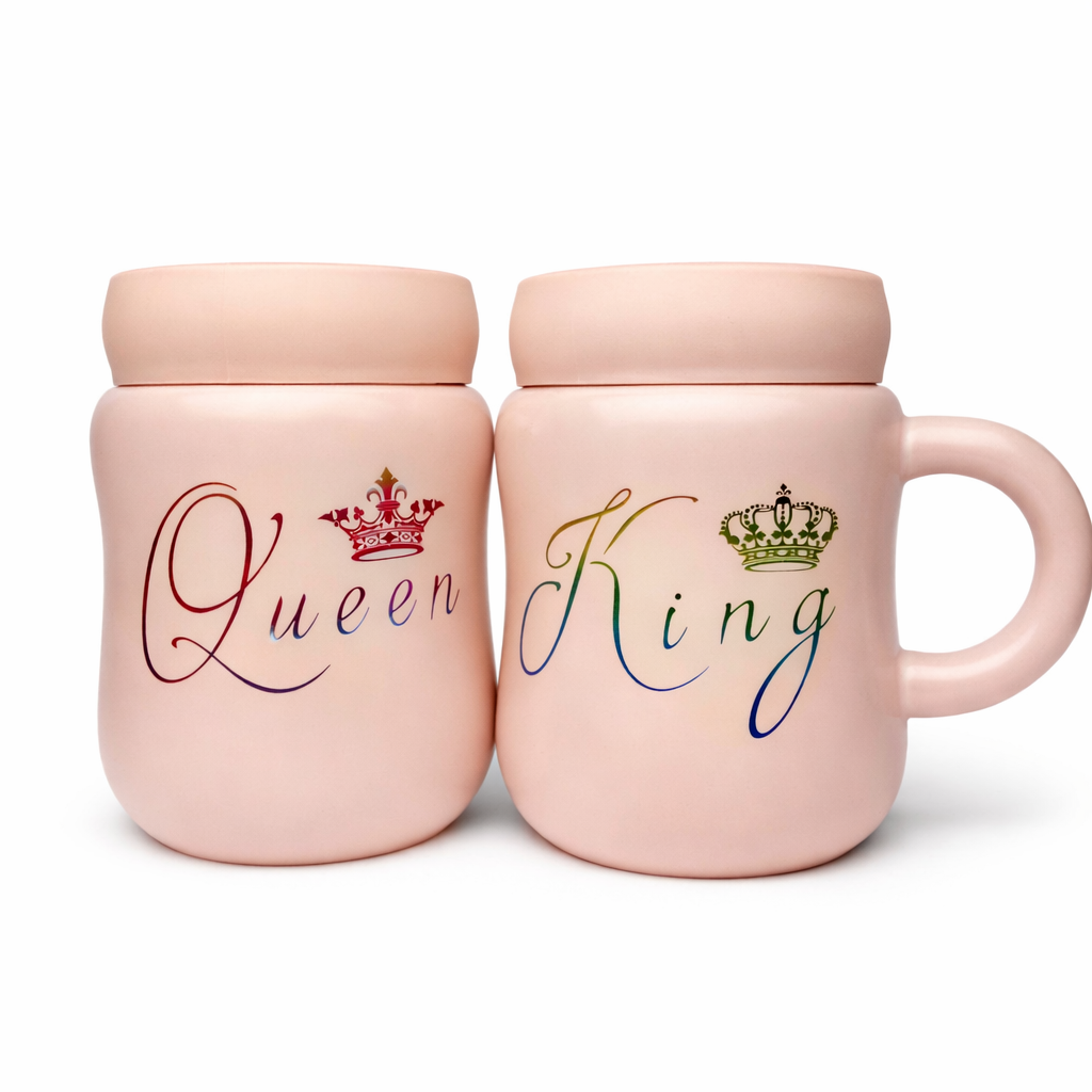 King & Queen couple mugs set by Givana, featuring elegant designs for couples, displayed side by side on a table.