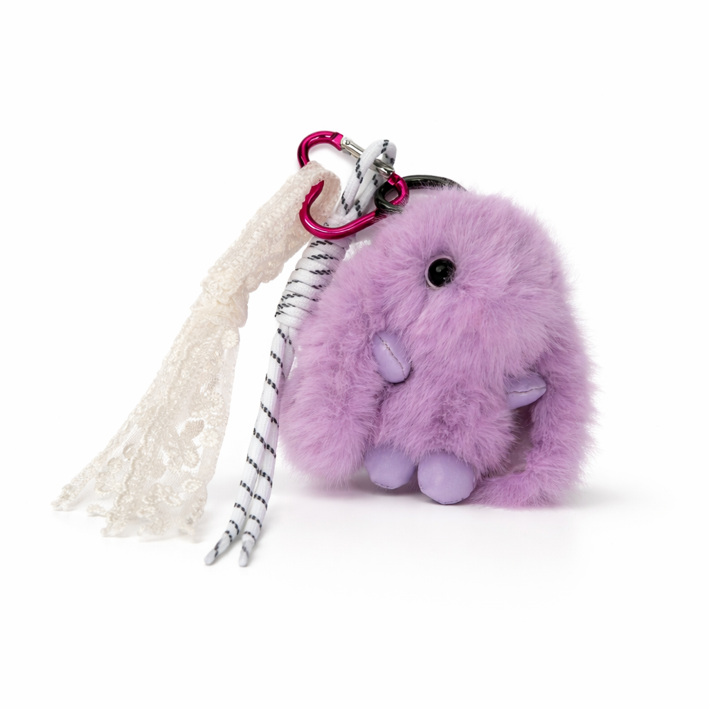 Pink and white fluffy bunny keychain by Givana featuring soft plush material and cute bunny face design.