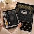 Elegant black Islamic gift box with backrest, featuring intricate design details from Givana, ideal for special religious occasions.