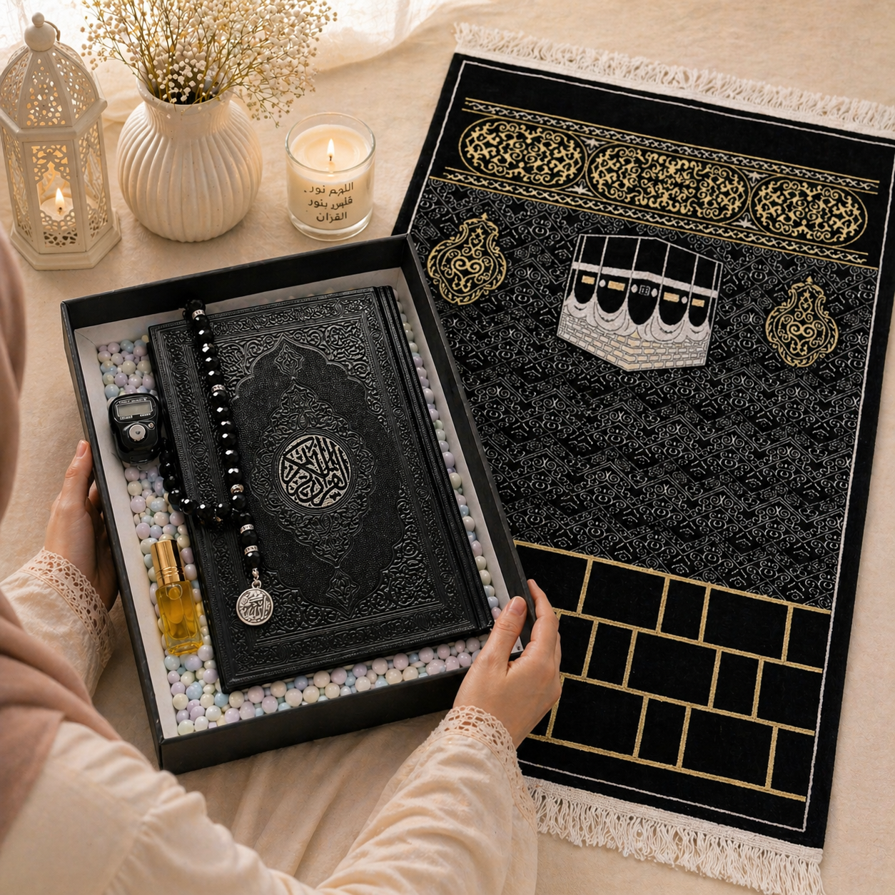 Elegant black Islamic gift box with backrest, featuring intricate design details from Givana, ideal for special religious occasions.