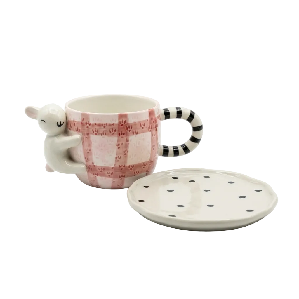 Givana 3D rabbit ceramic mug with polka dot saucer set, featuring a charming rabbit design and colorful polka dots.