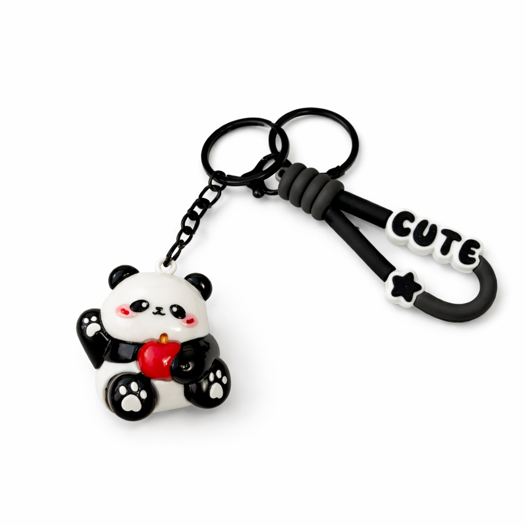 Cute panda pop keychain by Givana featuring four adorable designs, perfect for accessorizing bags and keys.